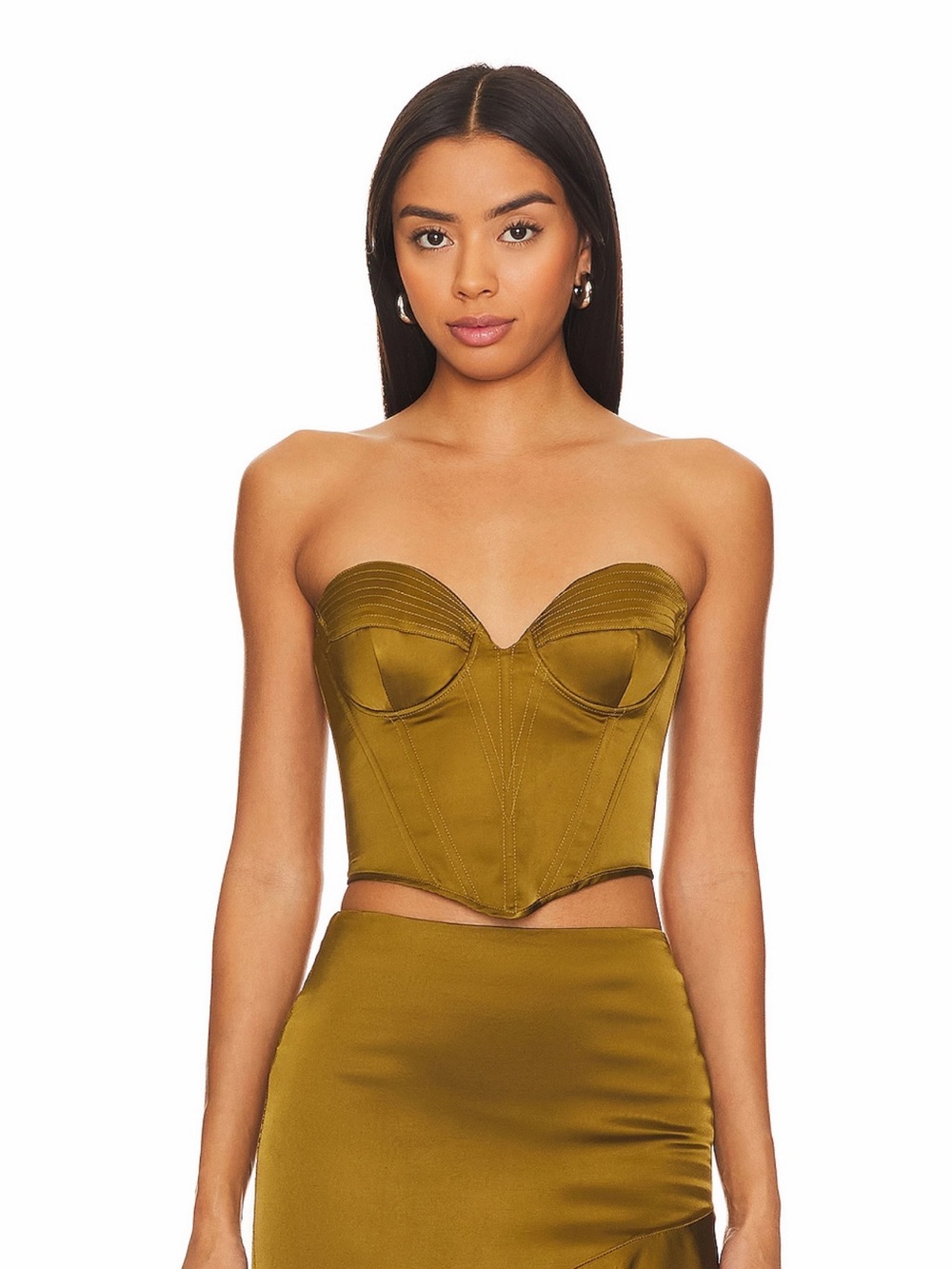NBD Revolve Olive Green Strapless Bustier Satin Corset Crop Top Size Small NWT